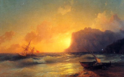 <i><b>La mer Koktebel 1853 </b> <br>Il naquit  Fodossia en Crime. A vingt ans il termina l'Acadmie des Beaux-Arts de Saint-Ptersbourg avec une mdaille d'or. Il reut une bourse et tudia en Italie et revint en matre renomm.</i>